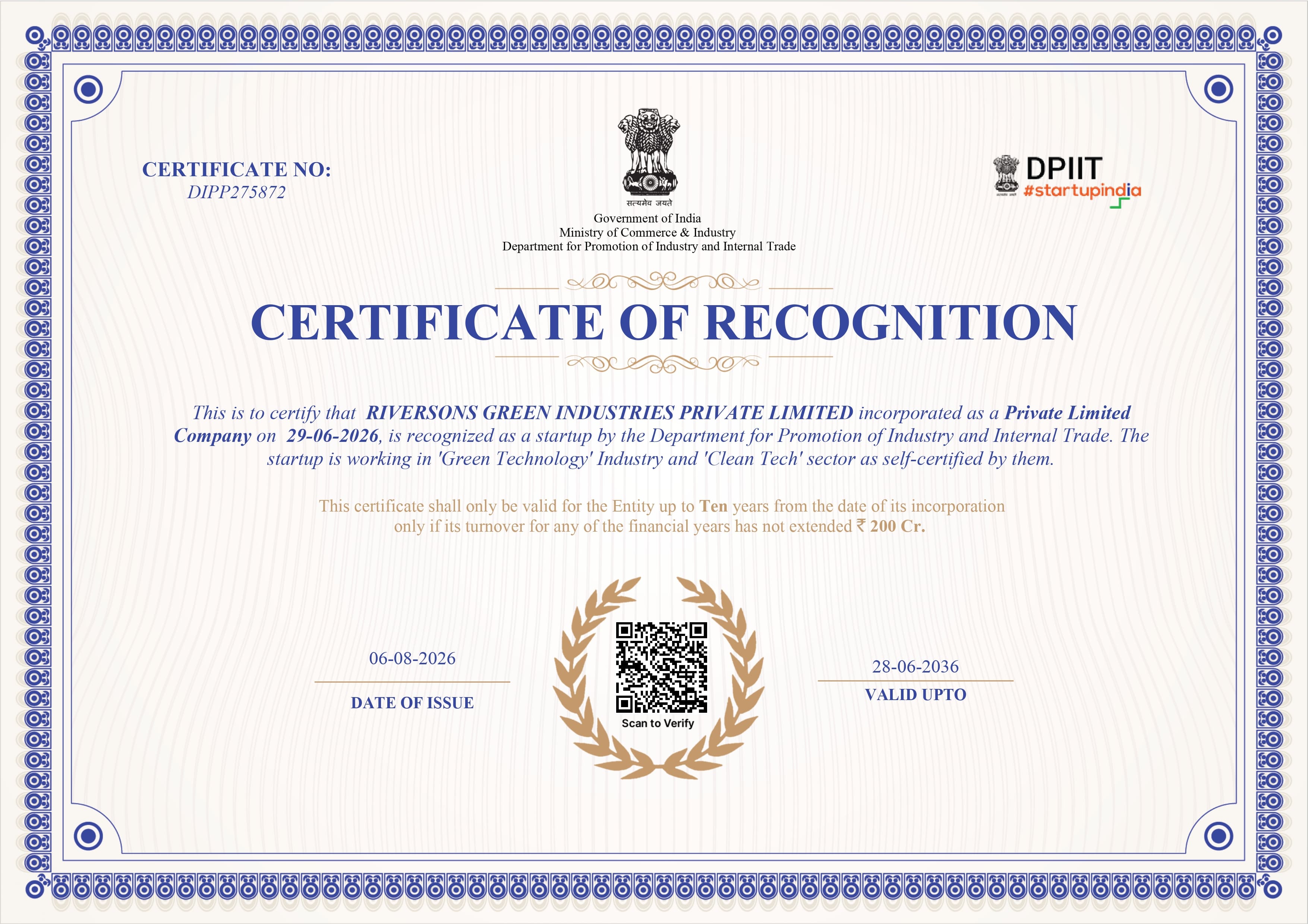 DPIIT Certificate of Recognition — Riversons Green Industries Private Limited, Certificate No. DIPP275872